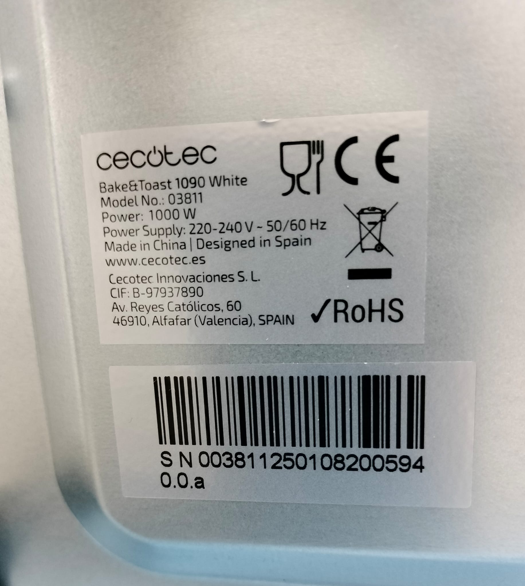 HORNO SOBREMESA 10L BLANCO CECOTEC